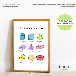 Spanish Bright 3D Shapes Poster - Póster Brillante de Figuras en 3D para Niños, Guardería y Aula DESCARGA DIGITAL