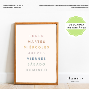 Spanish Boho Days of the Week Poster- Póster boho de los días de la semana para guardería y aula DESCARGA DIGITAL