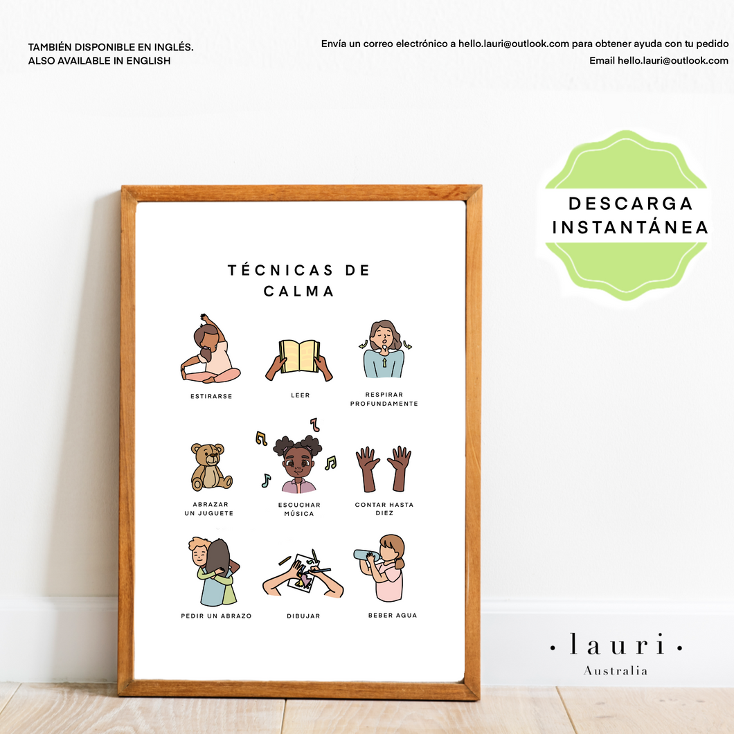 Spanish Calming Techniques for Kids Poster - Póster de Técnicas de Calma para Niños - Impresión para el Rincón Tranquilo - DESCARGA DIGITAL Imprimible