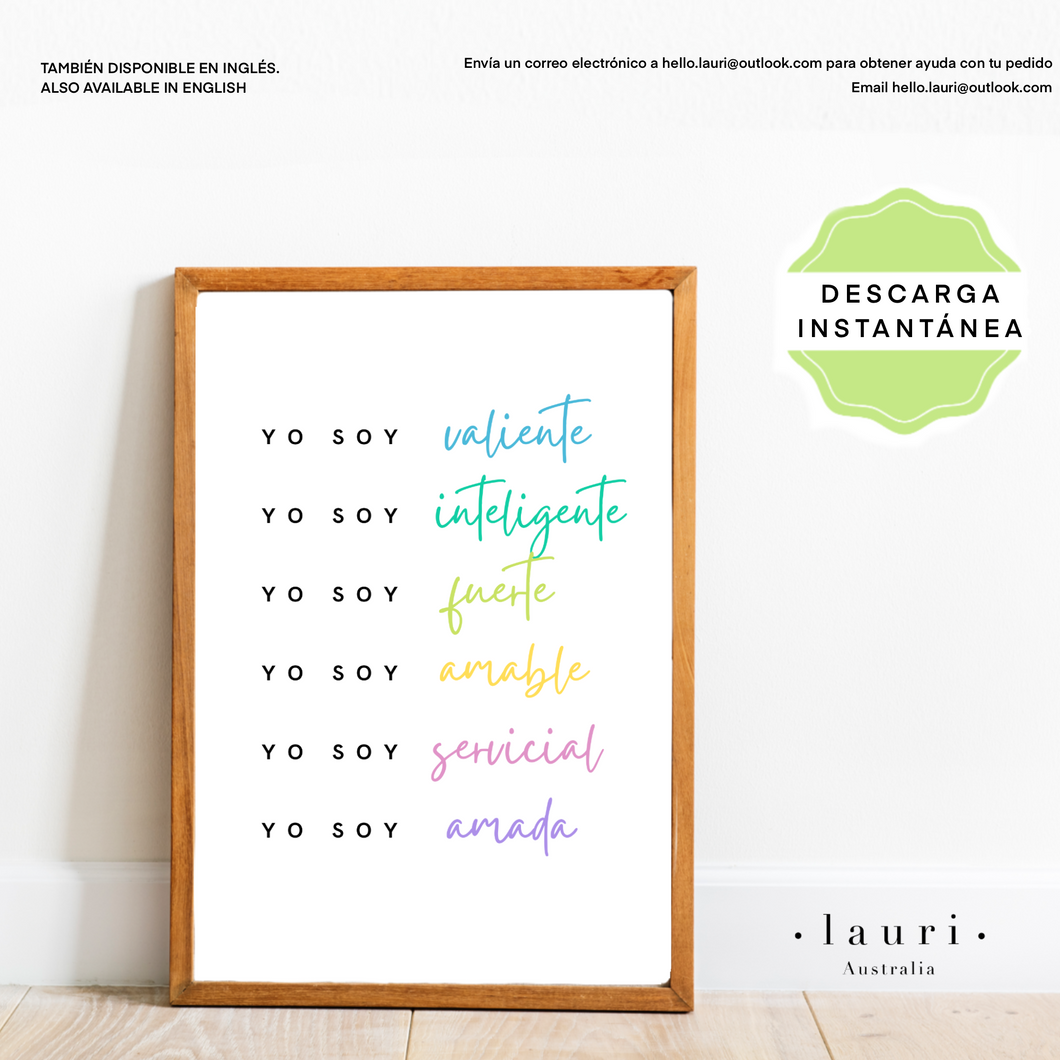 Spanish Positive Affirmations for Kids Poster - Póster de afirmaciones positivas para niños - Descarga digital imprimible - Brillante y colorido
