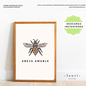 Spanish "Bee Kind" Inspirational Poster for Kids - Póster inspirador "Sé Amable" para guarderías y salones de clase de niños - DESCARGA DIGITAL.