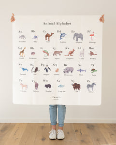 double sided vegan leather play mat for toddler made by Lauri Australia with free shipping -white with animal alphabet print for baby nursery, perfect gift for baby shower or first birthday large