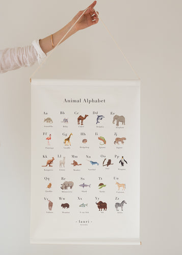 vegan leather poster for toddler bedroom made by Lauri Australia with free shipping -white with animal alphabet print poster for baby nursery, perfect gift for baby shower or first birthday poster for nursery decoration