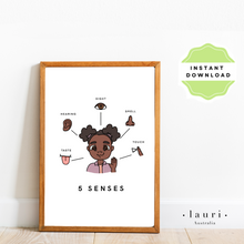 Load image into Gallery viewer, 5 Senses Educational Poster for Kids Calm Down Corner -  DIGITAL DOWNLOAD - Brunette Girl
