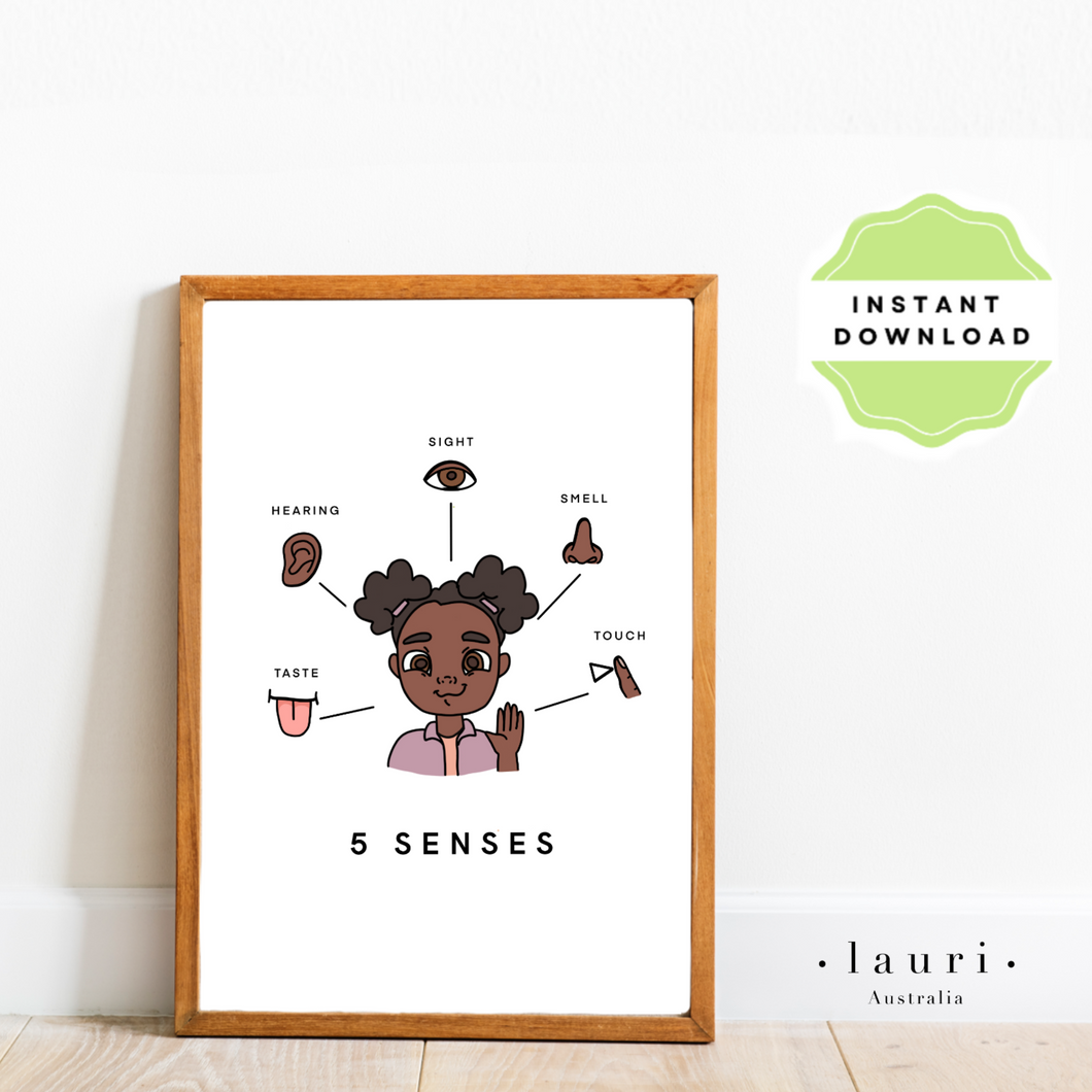 5 Senses Educational Poster for Kids Calm Down Corner -  DIGITAL DOWNLOAD - Brunette Girl