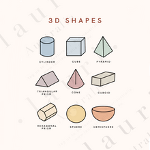 Load image into Gallery viewer, This is a digital download of a poster that displays the 3D Shapes  in lovely muted, boho, rainbow colour palette. This digital download print is Perfect for home education or as classroom décor. This print is the perfect wall art print to decorate your child&#39;s bedroom, nursery or homeschool classroom. 
