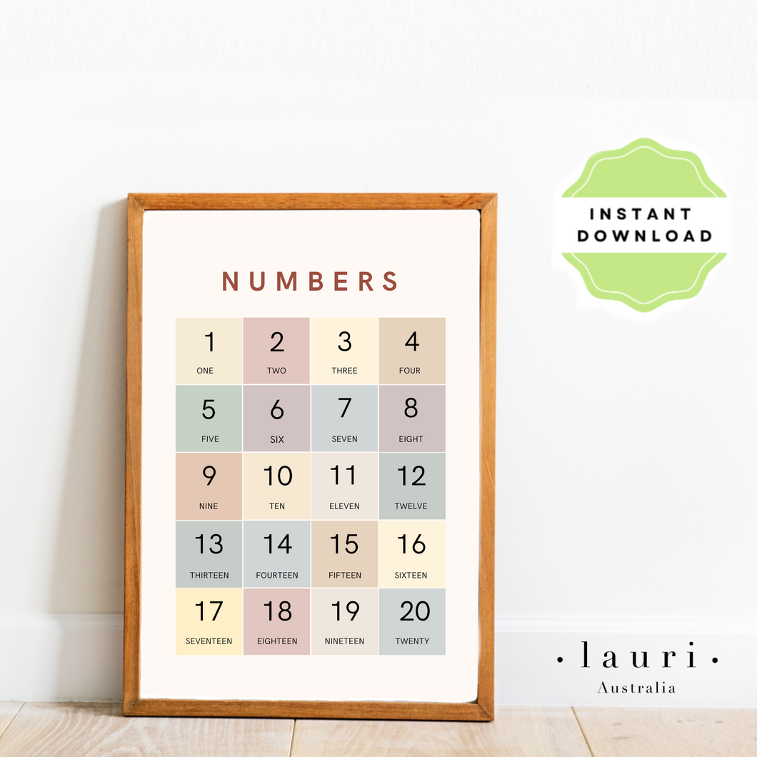 Boho numbers poster for kids classroom Our digital downloads posters and wall art are perfect for children's bedrooms, baby's nursery, playrooms and classrooms. At Lauri Australia we offer a huge range of poster and wall art designs, featuring both boho muted tones and bright colours. We offer shapes posters, alphabet prints, animal alphabet vegan leather posters, positive affirmations for kids