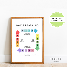 Load image into Gallery viewer, This poster helps children learn how to calm themselves down using their breath, reminding them to breathe in and out when they are upset or frustrated. It reminds them to use other tools such as listening to music or asking for a hug to help cope with the situation. This poster is a useful classroom management tool and perfect for Montessori inspired homeschool classrooms. Uses diverse inclusive skin tones
