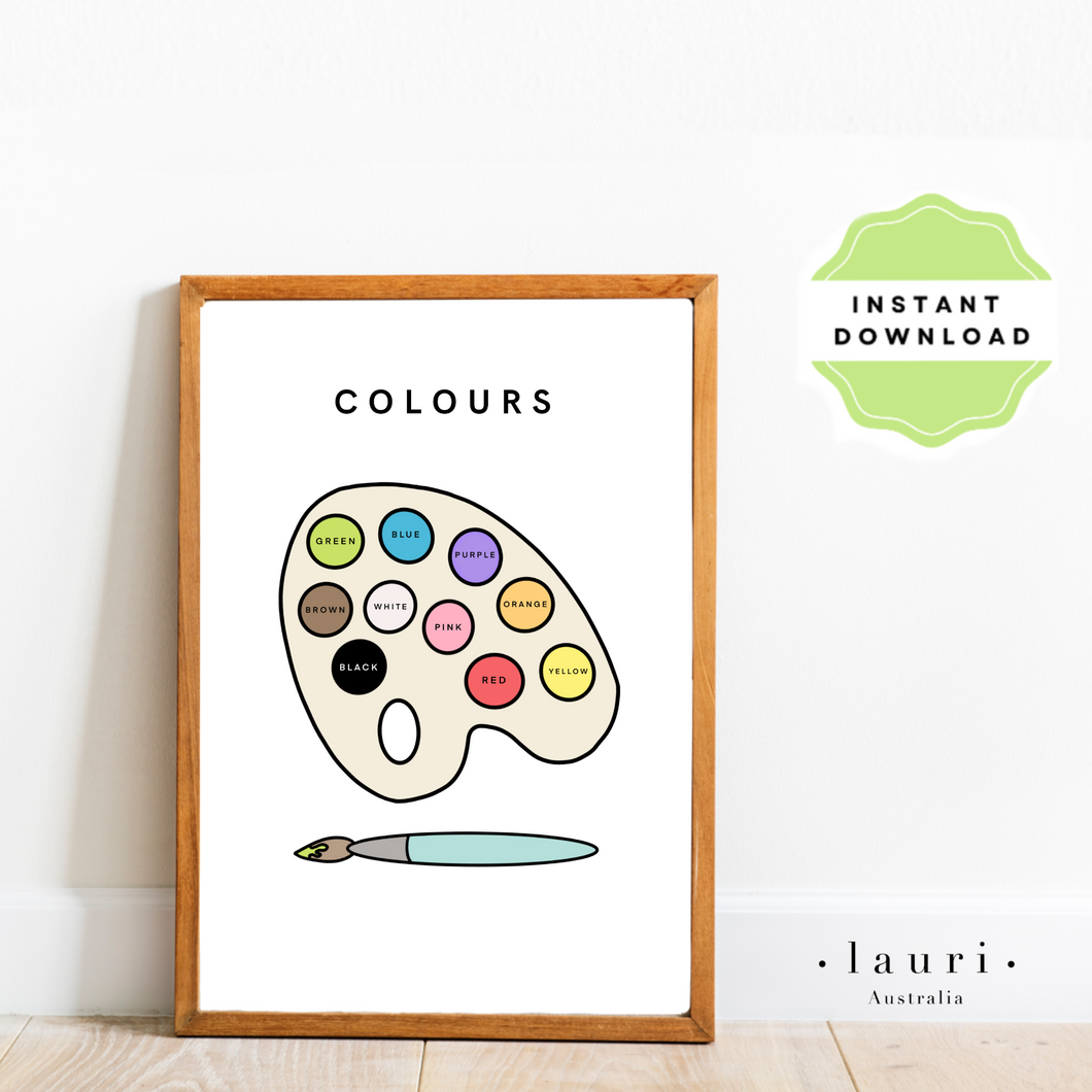 This is a digital download of a poster that displays the features 9 colours  in lovely bright, rainbow colour palette. This digital download print includes shapes of a triangle, circle and square and more! Perfect for home education or as classroom décor. This print is the perfect wall art print to decorate your child's bedroom, nursery or homeschool classroom. 