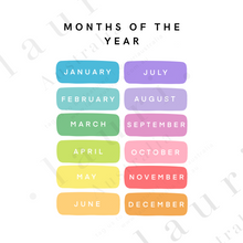 Load image into Gallery viewer, This is a digital download poster of a bright rainbow months of the year chart which is perfect for Montessori inspired homeschool classrooms, playrooms and childrens toddler nurseries or bedrooms too. At Lauri Australia we offer a huge range of educational posters and wall art designs, featuring both boho muted tones and bright rainbow colours. We offer shapes posters, alphabet prints, animal alphabet vegan leather posters, positive affirmations for 
