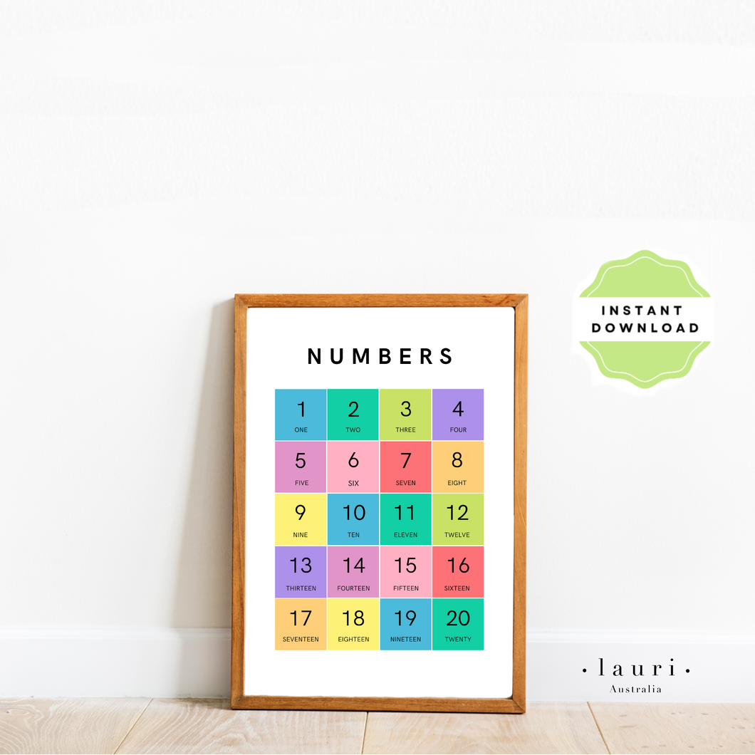 Bright Numbers Counting Poster for Nursery and Classroom DIGITAL DOWNLOAD