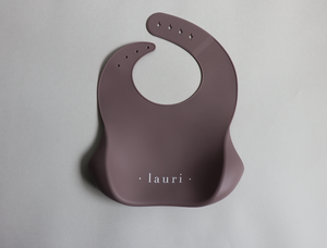 Silicone Baby Bib with pouch, BPA free, non-toxic, earthy natural colours and tones, cream, purple mauve, sage green