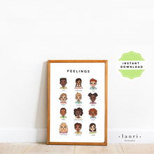 Load image into Gallery viewer, This is a digital download poster of a feelings emotions chart which is perfect for Montessori inspired homeschool classrooms, playrooms and childrens toddler nurseries or bedrooms too. At Lauri Australia we offer a huge range of educational posters and wall art designs, featuring both boho muted tones and bright rainbow colours. We offer shapes posters, alphabet prints, animal alphabet vegan leather posters, positive affirmations for kids
