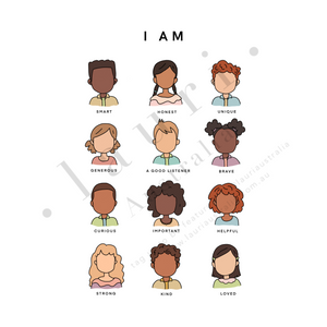 This simple, minimalistic affirmations digital download poster is designed to inspire and motivate kids of all ages with positive affirmations about themselves. Daily affirmations are great to create positive self esteem within children and help them to understand “I am enough” using bright and colourful rainbow tones sold by. Lauri Australia This poster uses a variety of skin tones for inclusivity and diversity for all children and families.