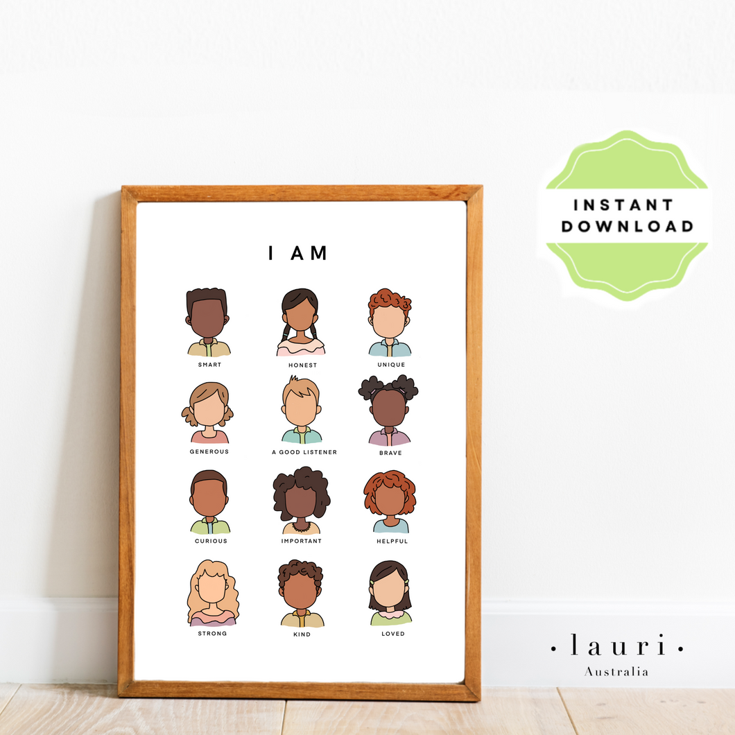 This simple, minimalistic affirmations digital download poster is designed to inspire and motivate kids of all ages with positive affirmations about themselves. Daily affirmations are great to create positive self esteem within children and help them to understand “I am enough” using bright and colourful rainbow tones sold by. Lauri Australia This poster uses a variety of skin tones for inclusivity and diversity for all children and families.