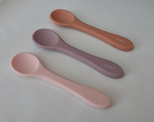 Soft Silicone Baby Spoon in Light Mauve purple colour, terracotta, blush pink Lauri Australia