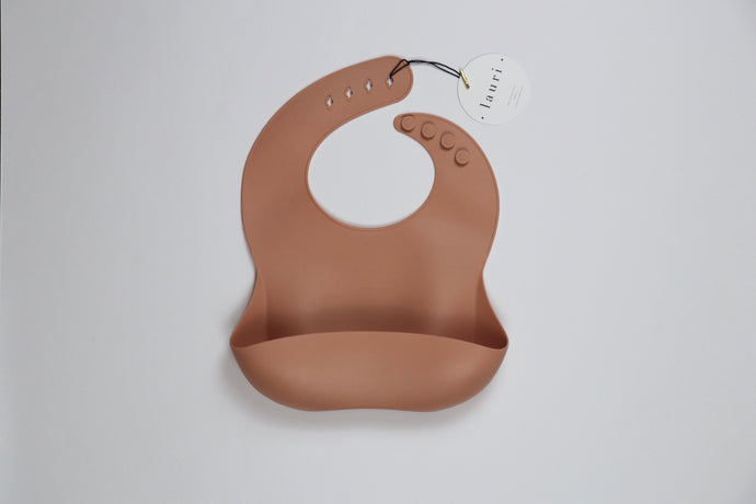 Silicone Baby Bib with pouch, BPA free, non-toxic, earthy natural colours and tones, cream, purple mauve, sage green