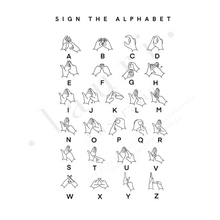 Load image into Gallery viewer, This is a digital download of a poster that displays Auslan sign language alphabet letters for deaf children to learn fingerspelling. Also suitable as british sign language poster. Our digital downloads posters and wall art are perfect for children&#39;s bedrooms, baby&#39;s nursery, playrooms and classrooms. At Lauri Australia we offer a huge range of poster and wall art designs, featuring both boho muted tones and bright colours. 
