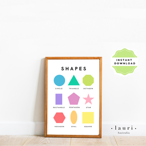 This is a digital download of a poster that displays the features 9 simple shapes designs in lovely bright, rainbow colour palette. This digital download print includes shapes of a triangle, circle and square and more! Perfect for home education or as classroom décor. This print is the perfect wall art print to decorate your child's bedroom, nursery or homeschool classroom. 