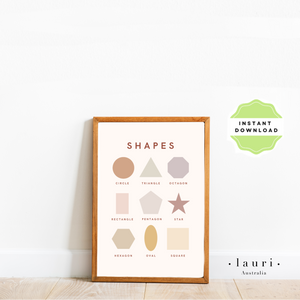 This is a digital download of a poster that displays the features 9 simple shapes designs in lovely muted, boho, rainbow colour palette. This digital download print includes shapes of a triangle, circle and square and more! Perfect for home education or as classroom décor. This print is the perfect wall art print to decorate your child's bedroom, nursery or homeschool classroom.