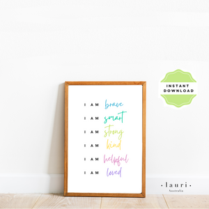 This simple, minimalistic affirmations digital download poster is designed to inspire and motivate kids of all ages with positive affirmations about themselves. Daily affirmations are great to create positive self esteem within children and help them to understand “I am enough” using bright and colourful rainbow tones sold by. Lauri Australia