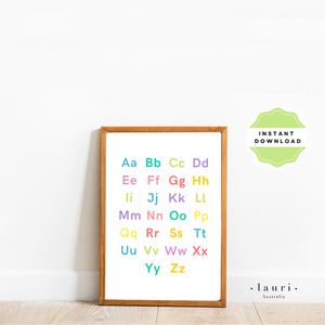 This is a digital download poster of a bright rainbow alphabet chart which is perfect for Montessori inspired homeschool classrooms, playrooms and childrens toddler nurseries or bedrooms too. At Lauri Australia we offer a huge range of educational posters and wall art designs, featuring both boho muted tones and bright rainbow colours. We offer shapes posters, alphabet prints, animal alphabet vegan leather posters, positive affirmations for kids