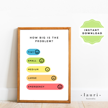 Load image into Gallery viewer, This is a digital download educational poster asking how big is the problem for children and toddlers to learn. This education print is perfect for Montessori inspired homeschool classrooms, playrooms and childrens toddler nurseries or bedrooms too. Size of the problem Poster for Children, Educational Digital Download, Printable wall art, Montessori Homeschool Learning Materials, Boho Decor
