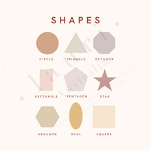 Load image into Gallery viewer, This is a digital download of a poster that displays the features 9 simple shapes designs in lovely muted, boho, rainbow colour palette. This digital download print includes shapes of a triangle, circle and square and more! Perfect for home education or as classroom décor. This print is the perfect wall art print to decorate your child&#39;s bedroom, nursery or homeschool classroom.
