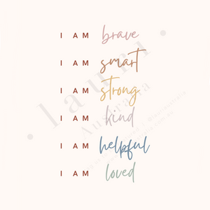 This simple, minimalistic affirmations digital download poster is designed to inspire and motivate kids of all ages with positive affirmations about themselves. Daily affirmations are great to create positive self esteem within children and help them to understand “I am enough” using muted boho neutral rainbow tones sold by Lauri Australia