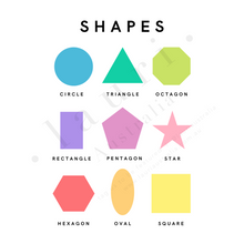 Load image into Gallery viewer, This is a digital download of a poster that displays the features 9 simple shapes designs in lovely bright, rainbow colour palette. This digital download print includes shapes of a triangle, circle and square and more! Perfect for home education or as classroom décor. This print is the perfect wall art print to decorate your child&#39;s bedroom, nursery or homeschool classroom. 
