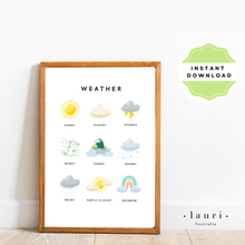 Load image into Gallery viewer, This is a digital download educational poster showing the different weather for children and toddlers to learn. This education print is perfect for Montessori inspired homeschool classrooms, playrooms and childrens toddler nurseries or bedrooms too. The Weather poster for Children, Educational Digital Download, Printable wall art, Montessori Homeschool Learning Materials, Boho Decor
