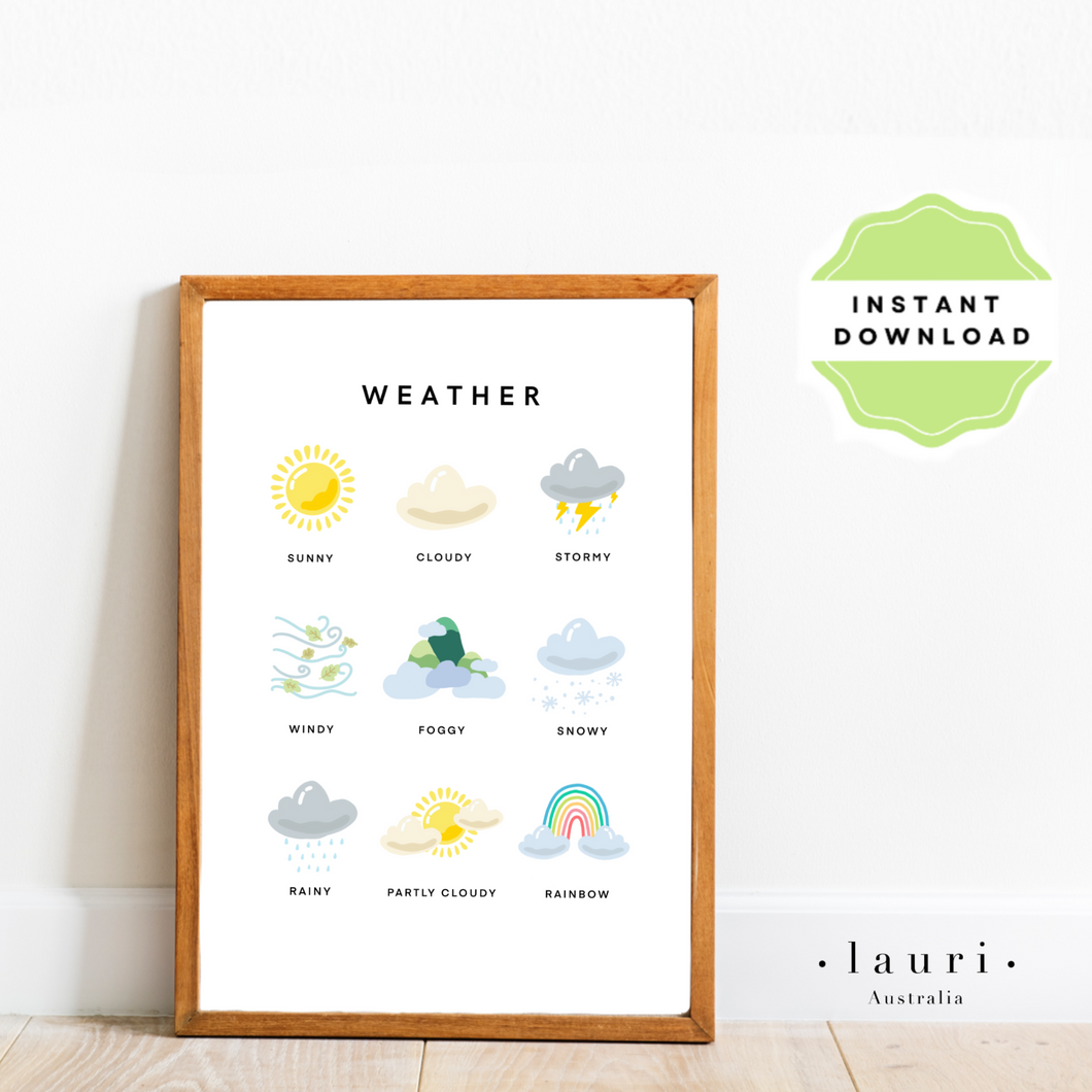 This is a digital download educational poster showing the different weather for children and toddlers to learn. This education print is perfect for Montessori inspired homeschool classrooms, playrooms and childrens toddler nurseries or bedrooms too. The Weather poster for Children, Educational Digital Download, Printable wall art, Montessori Homeschool Learning Materials, Boho Decor