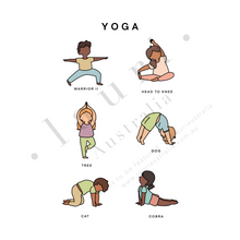 Load image into Gallery viewer, This Yoga Poster is perfect for classroom decor, playroom art, homeschool and Montessori decor. It&#39;s a great addition to your child&#39;s room, hallway or playroom. This poster includes 6 simple, easy to learn yoga poses with inclusive illustrations of a diverse range of children to demonstrate the poses as a visual cue. Great addition to a calming corner or calm down corner for children to learn  relaxation techniques to help calm down to express how they are feeling. 
